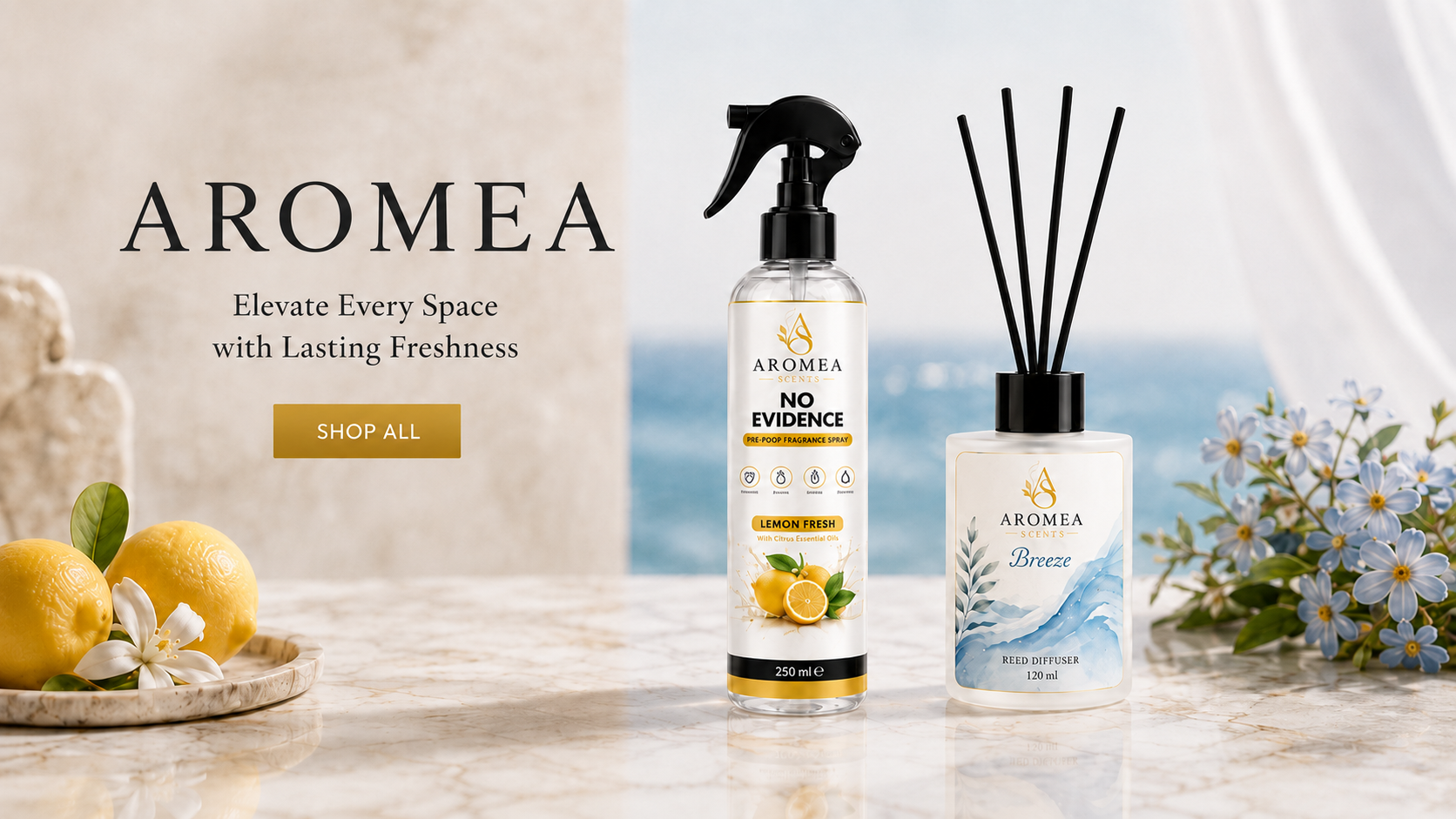 Aromea No Evidence and Breeze Reed Diffuser on a marble surface